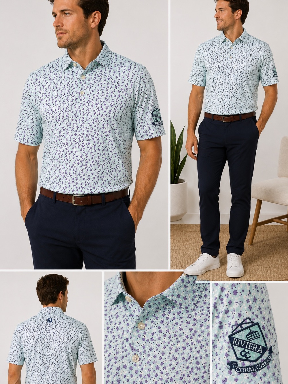 FootJoy Golf Polo Shirt L Performance Stretch Floral Print Moisture wicking Blue